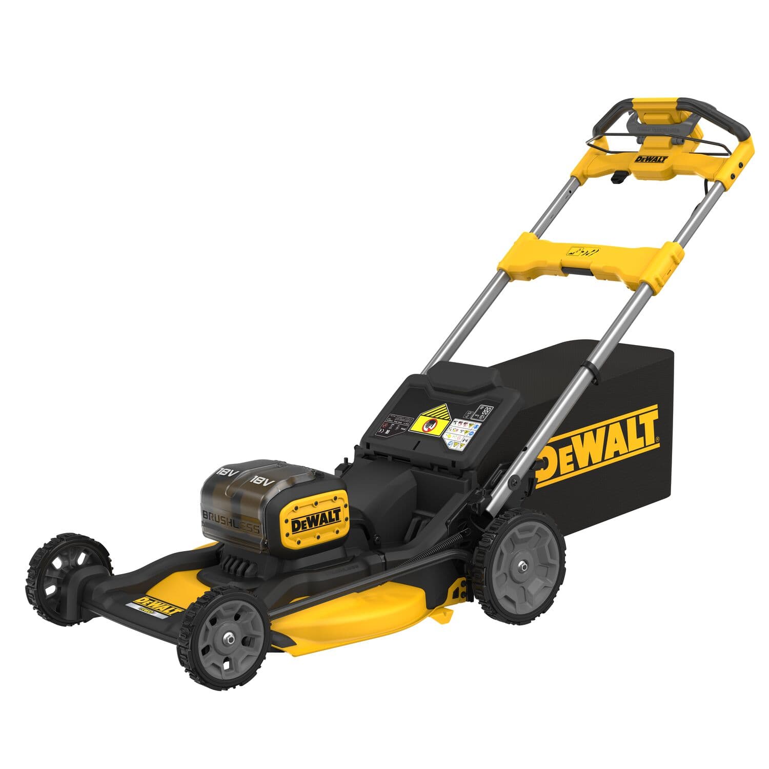 Cortacésped inalámbrico DEWALT amarillo y negro con mango ajustable.