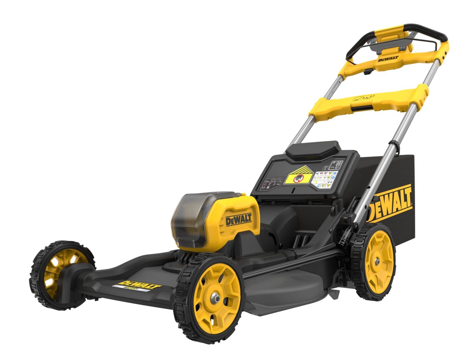 Cortacésped inalámbrico DEWALT, diseño amarillo y negro, ruedas grandes y manillar, vista frontal.
