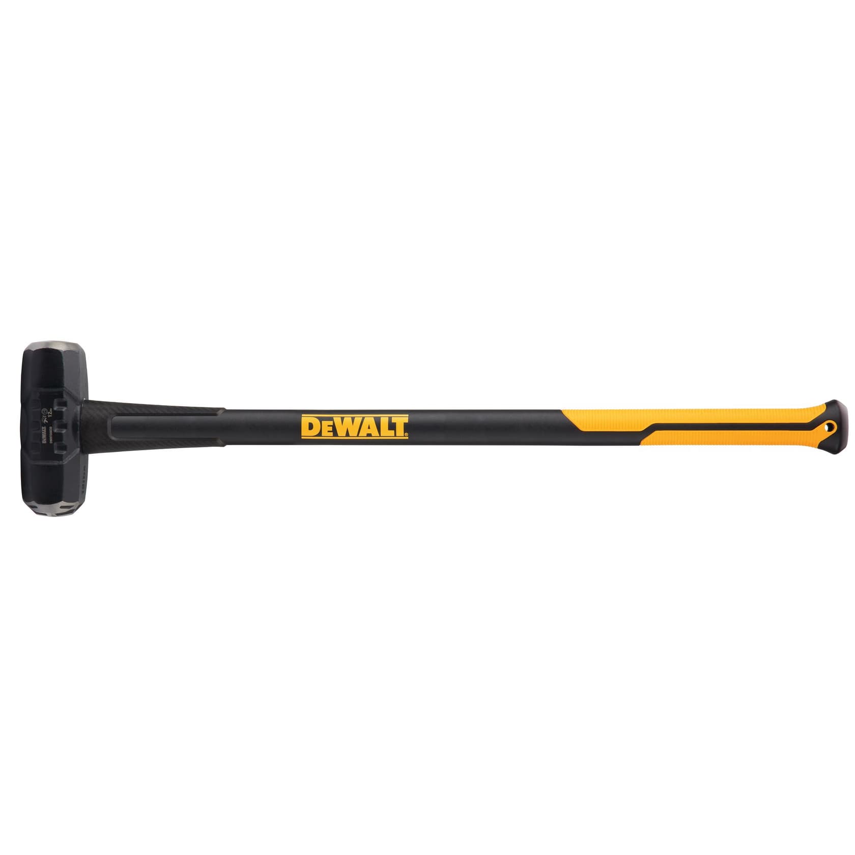Mazo DEWALT con mango negro y amarillo, diseñado para trabajos pesados de construcción y demolición.