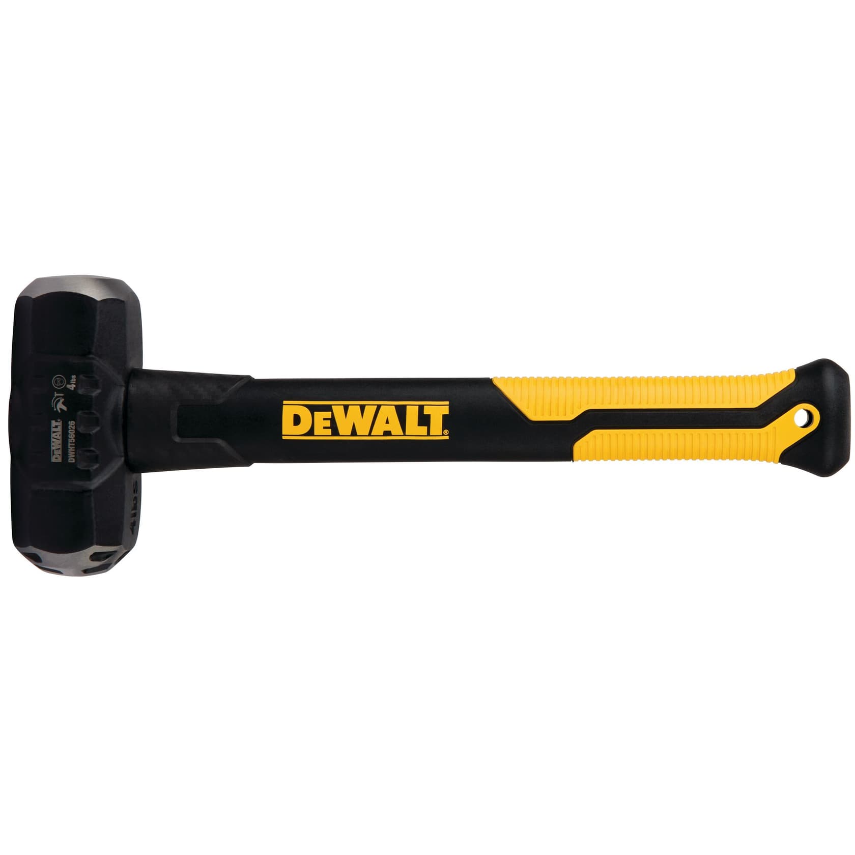 Mazo DEWALT negro y amarillo con mango ergonómico sobre fondo blanco.