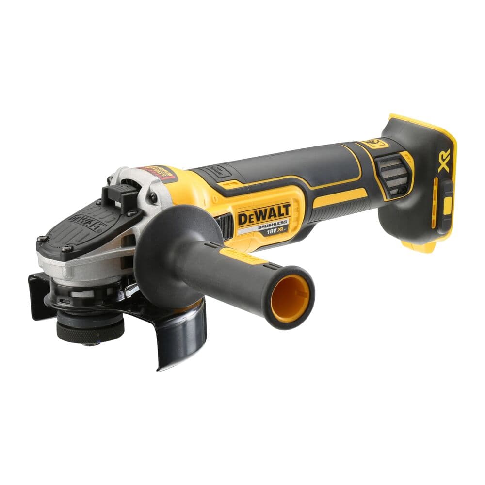 Amoladora angular DEWALT inalámbrica, color amarillo y negro, con mango lateral y ranura para batería.