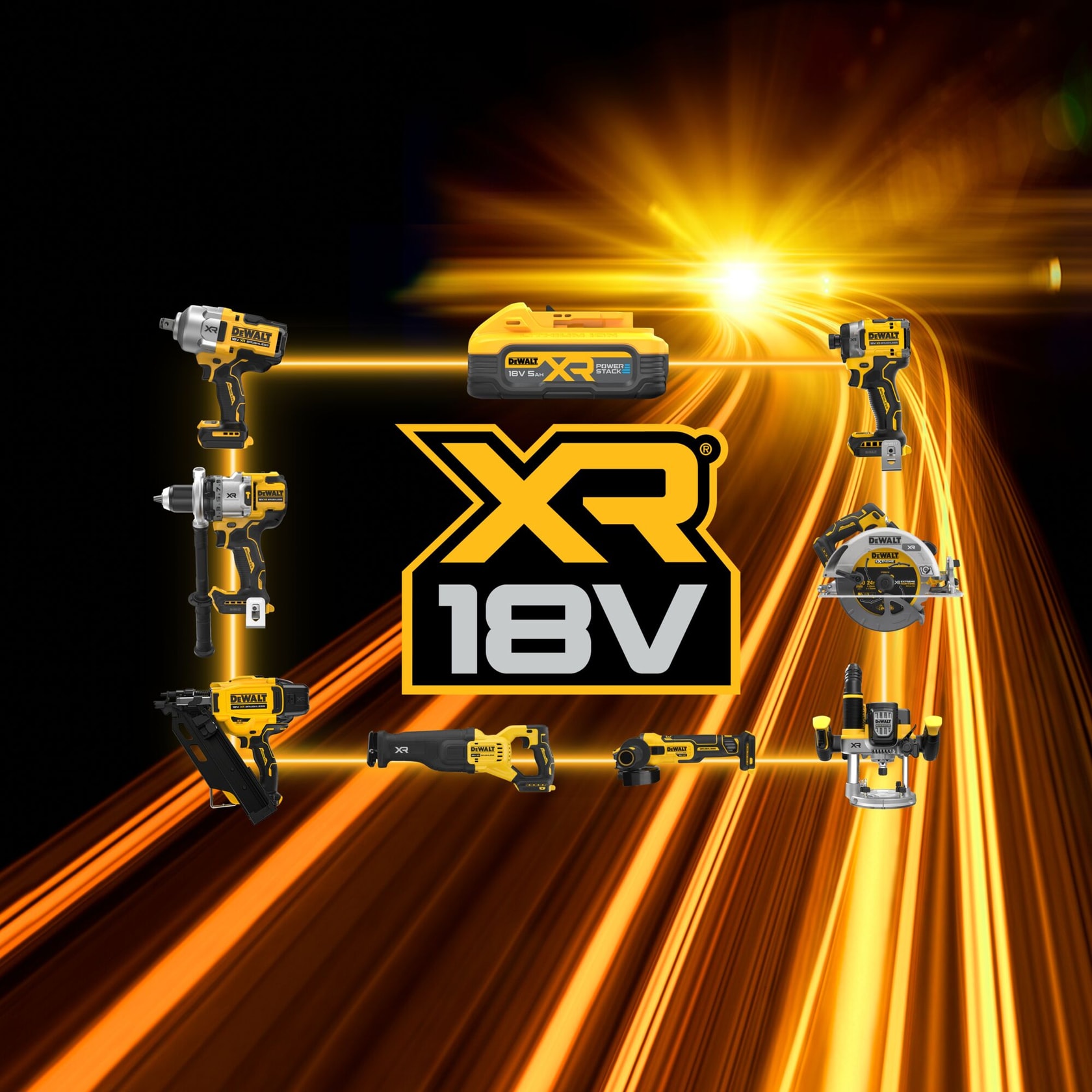 DEWALT XR 18V range: various cordless power tools and battery with yellow and black design on a dynamic background.