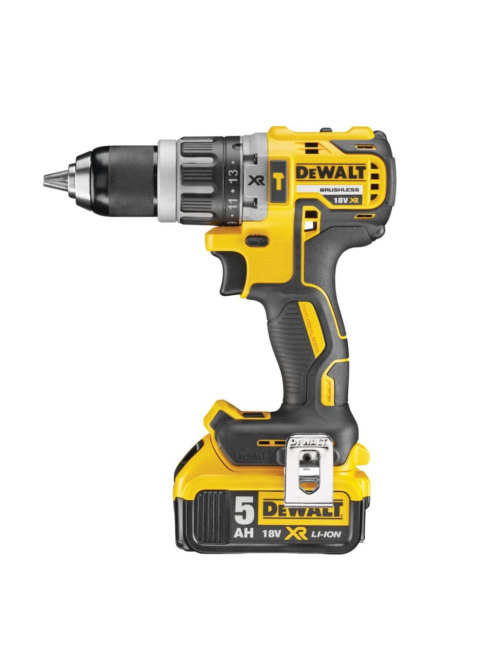 Un taladro inalámbrico Dewalt DCD796P2 XR 18V sin escobillas, de diseño amarillo y negro, con una batería de litio 5Ah colocada en la parte inferior.